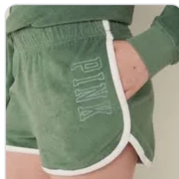PINK Victoria's Secret Green Athletic Shorts Lightweight Terry Varsity Design. L - Picture 1 of 6